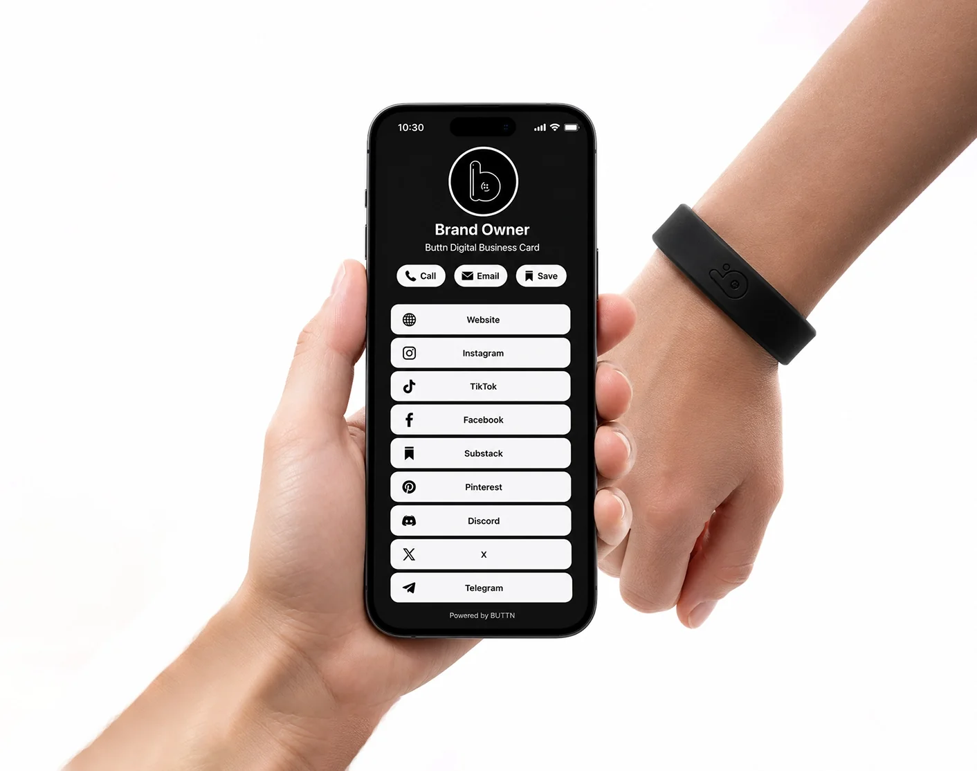 A BUTTN mobile profile connecting with an NFC wristband