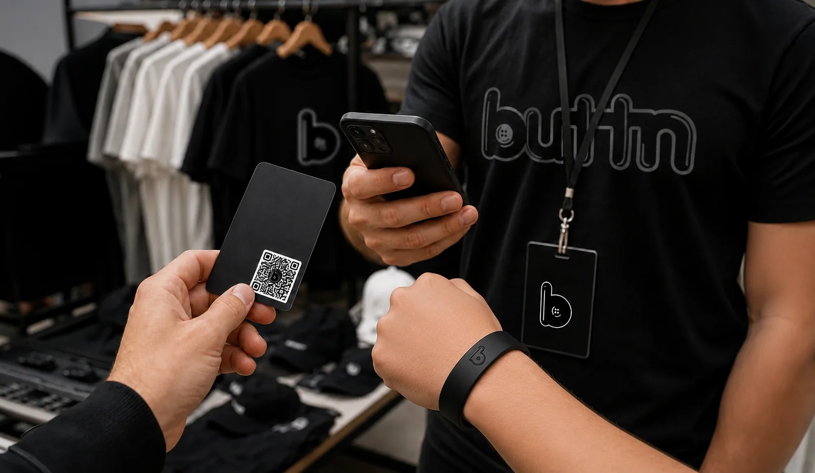 A customer tapping a BUTTN wristband and scanning a BUTTN business card